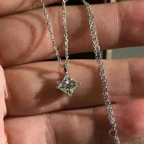 2Ct Princess Cut Lab-Created Moissanite Solitaire Pendant 14K White Gold Plated