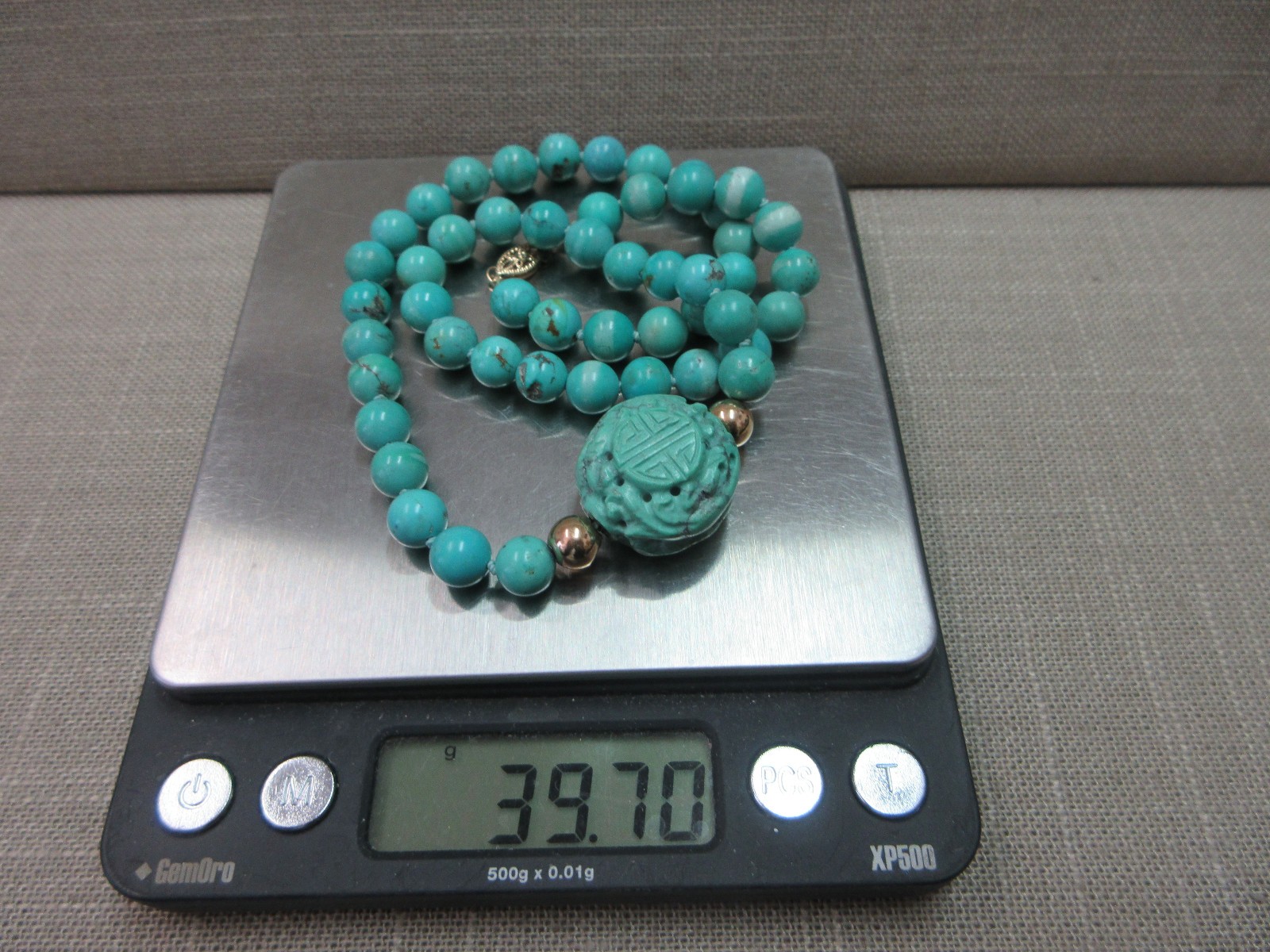 Vtg 14K Fishhook Clasp Turquoise Beads & Carved “Shou” Bead Necklace 18″ 39.7 G