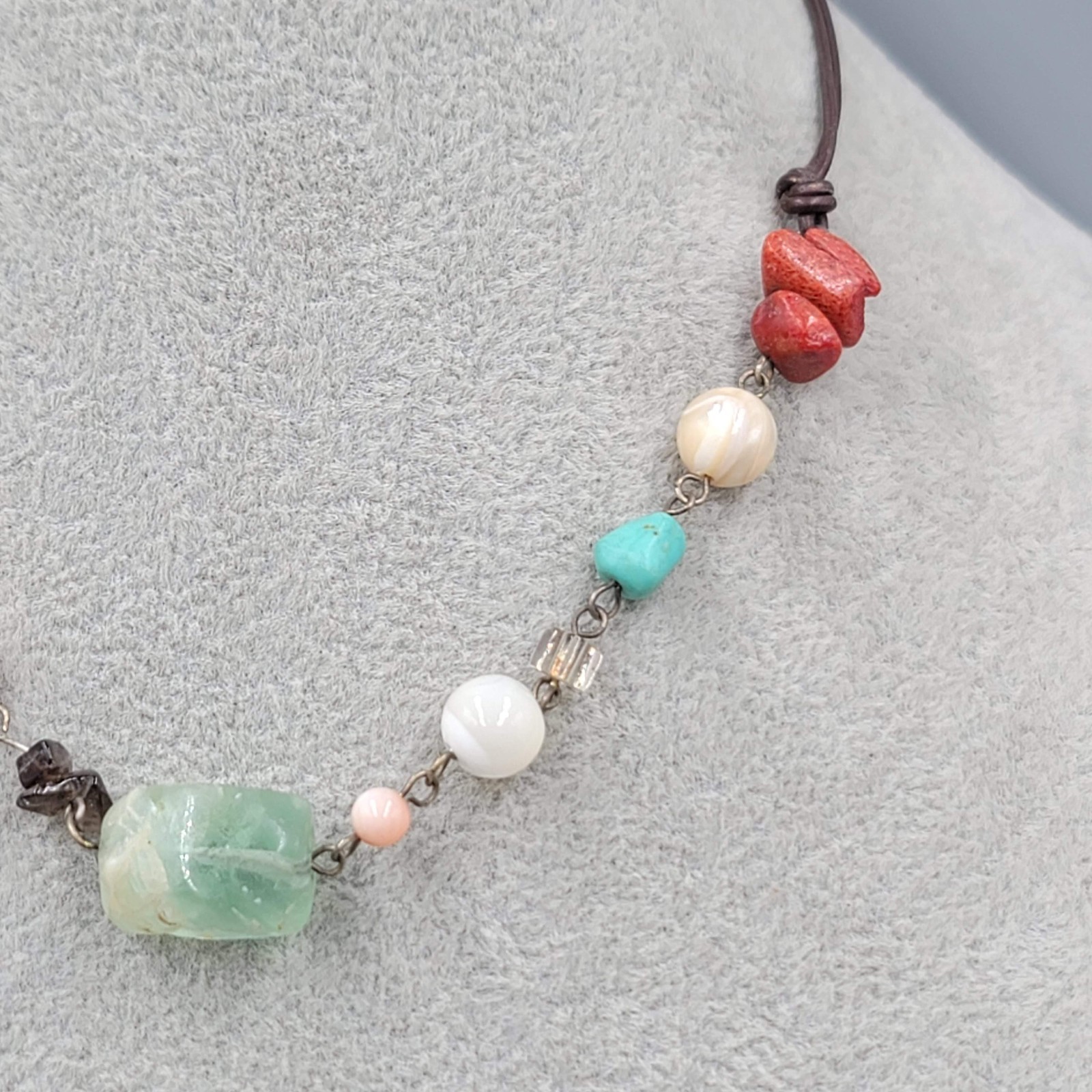 Multiple Gemstone Beads Sterling Silver 925 Necklace Leather Cord 15″