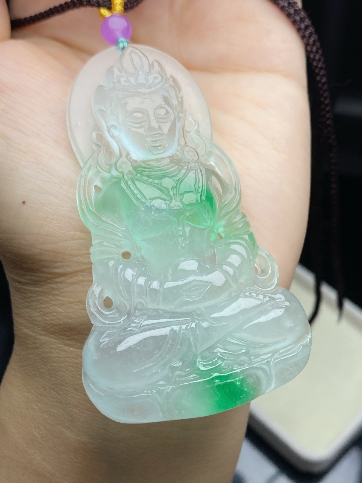 Natural Jadeite light green Carved Guanyin Lucky big Pendant jade Amulet 观音