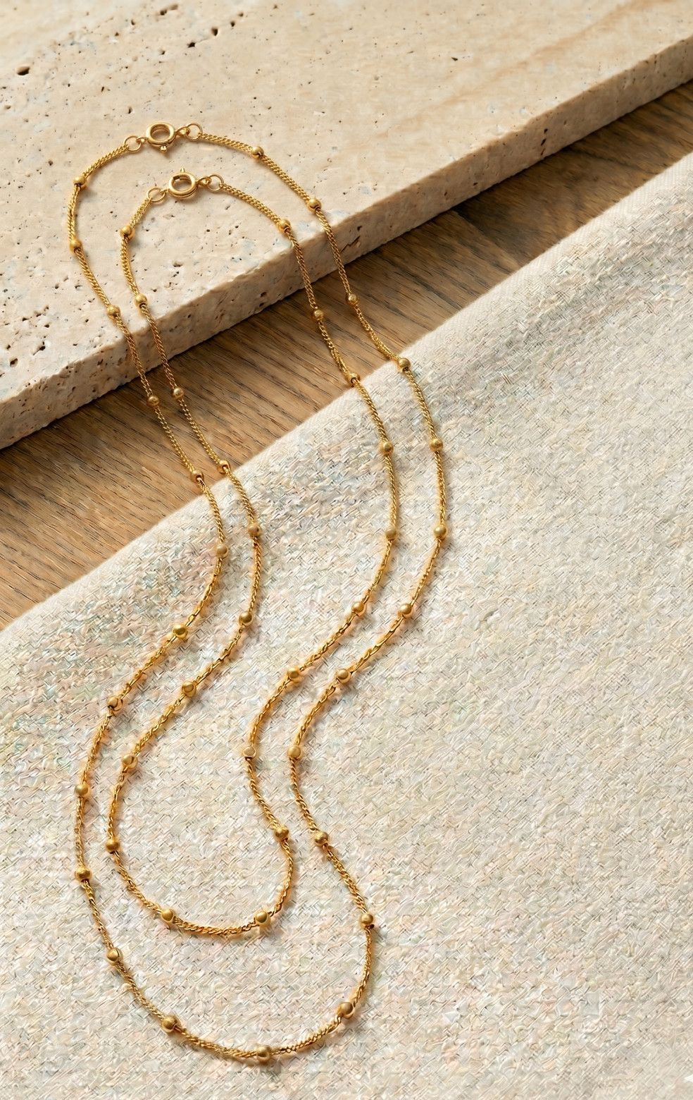 14K Solid Yellow Gold Ball Station Chain Necklace 2mm Dainty Beaded Minimalist