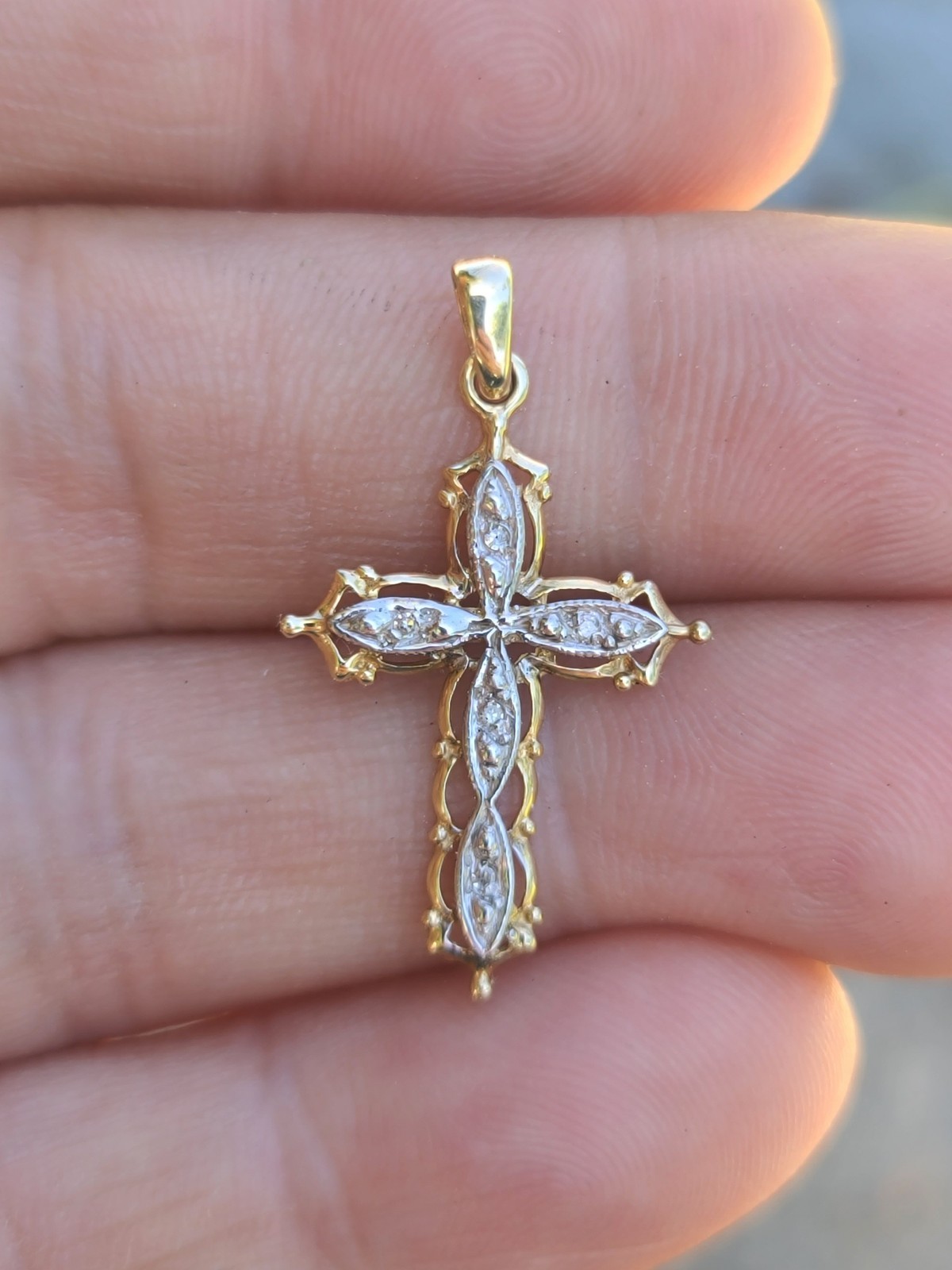 10k Solid Yellow & White Gold Diamond Cross Necklace Pendant 1.22″ Signed .99g