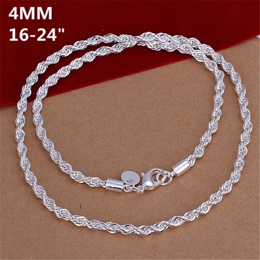 “4mm Diamond Cut Solid 925 Sterling Silver Italian Rope Chain Necklace for Men