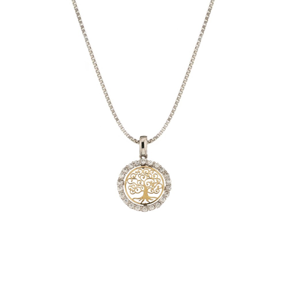 18Kt 750/1000 White And Yellow Gold Necklace With Tree Of Life Pendant And Z
