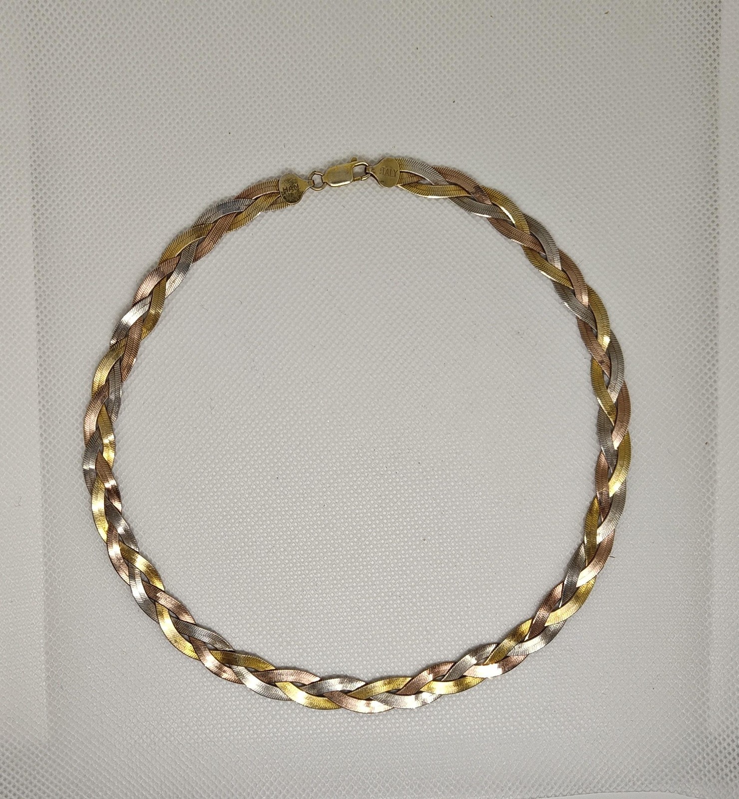 HAN Italy 925 Sterling Silver Tri Color Braided Necklace 18g Yellow Rose White