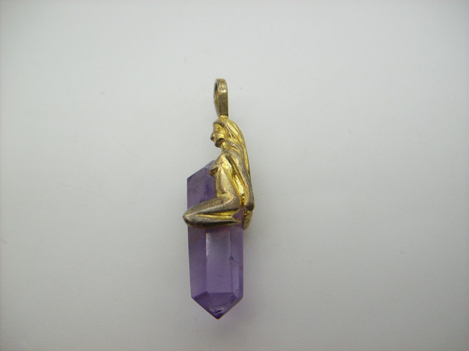 Sterling Silver Nude Lady Fairy Pendant with Hanging Amethyst Crystal, BRAZIL