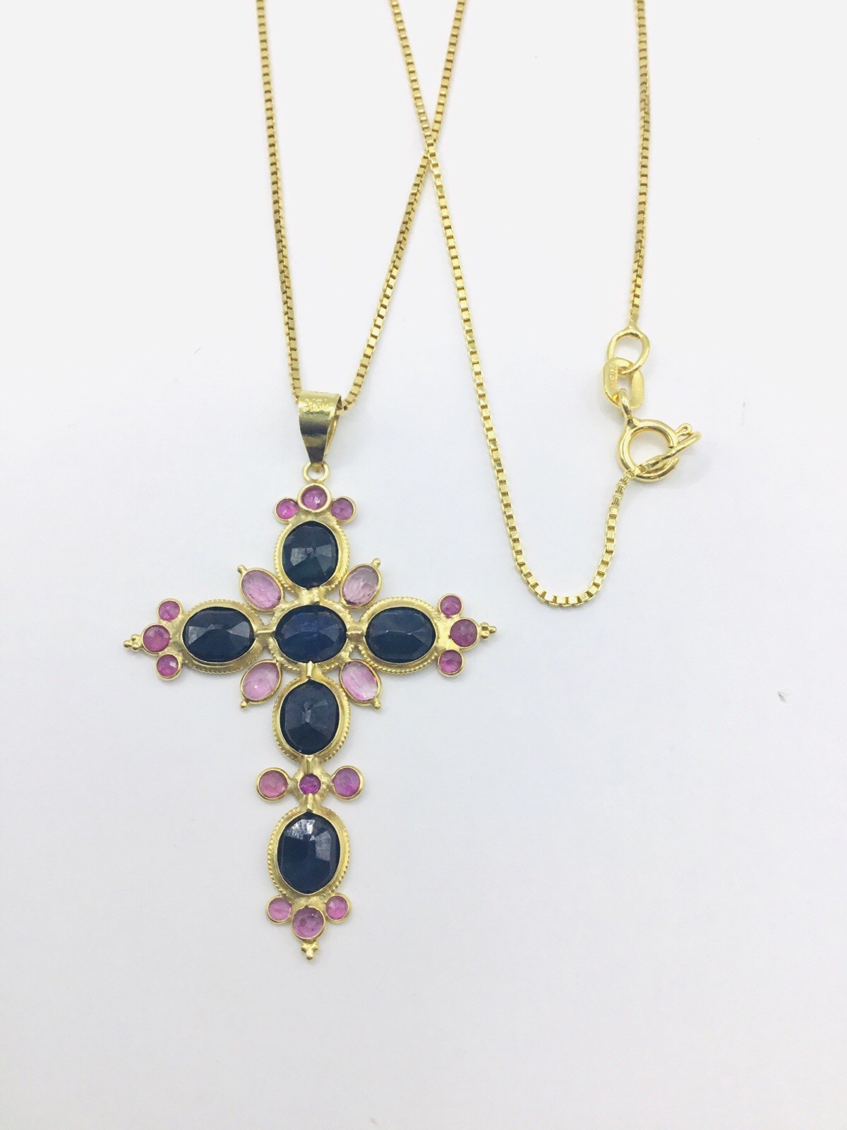 18k Yellow Gold Sapphire & Ruby Cross Pendant Necklace, Box Chain 18in + 1.75in