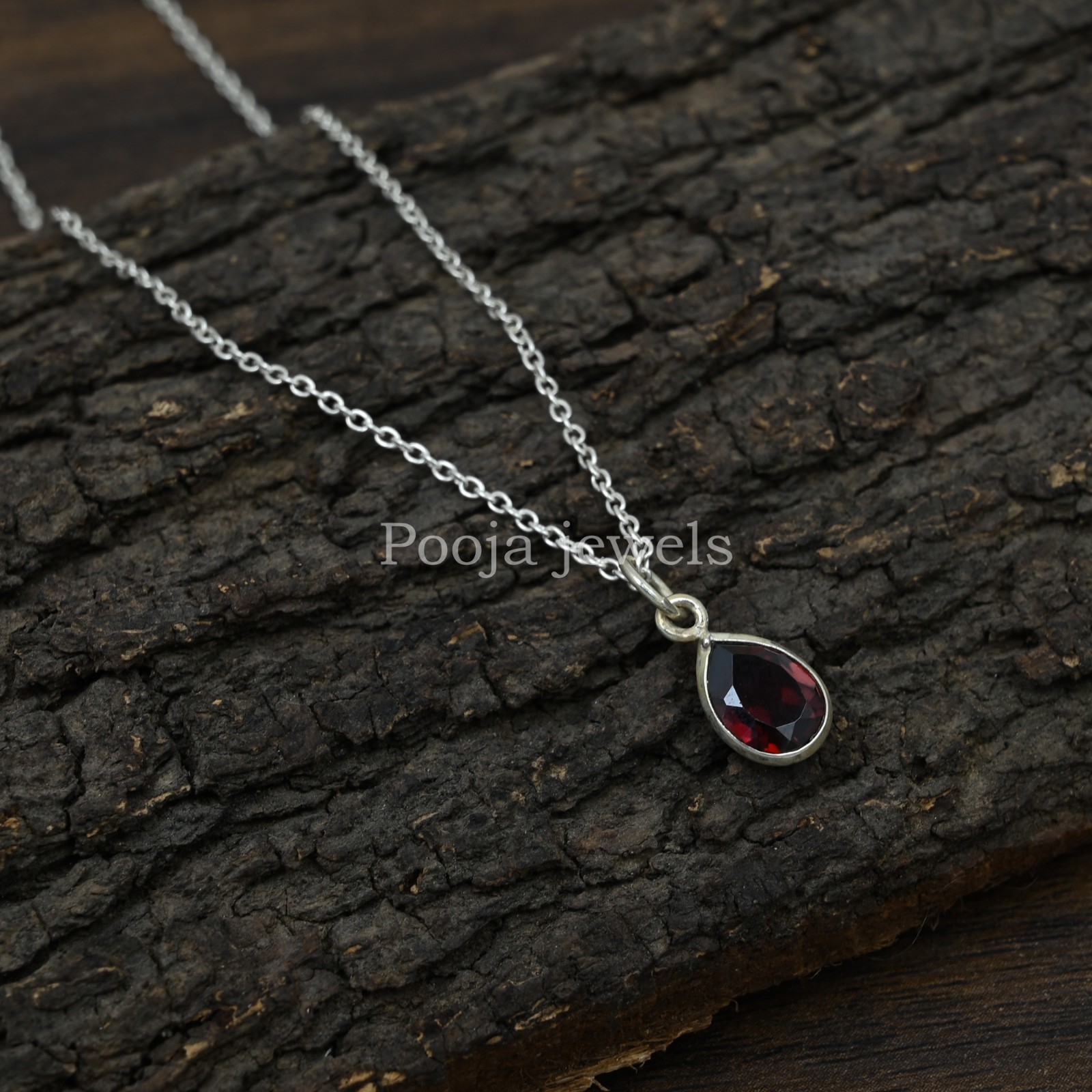 925 Sterling Silver Natural Garnet Pear Teardrop Pendant Red Gemstone Gift