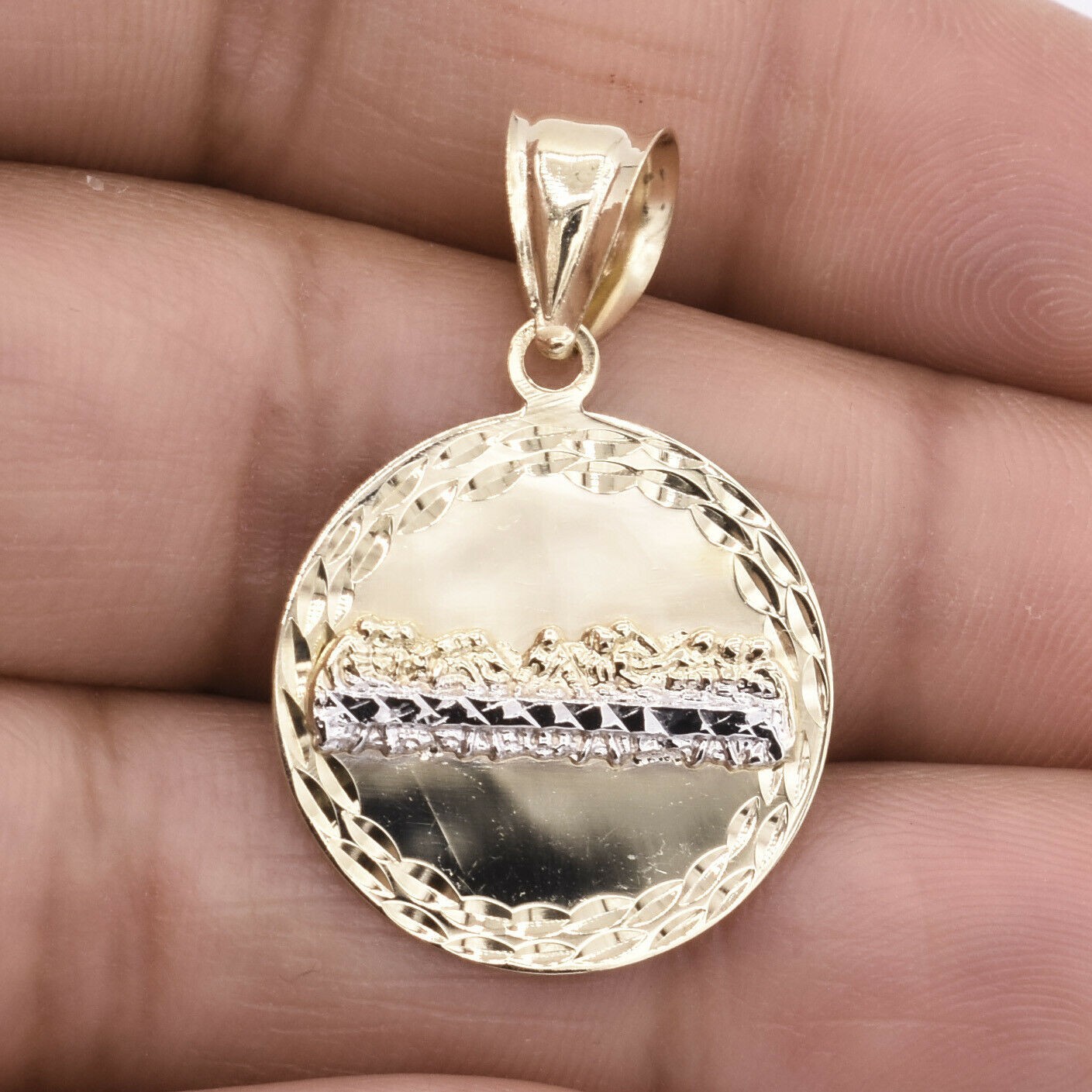 1 1/4″ Round The Last Supper Diamond Cut Charm Pendant Real 10K Yellow Gold