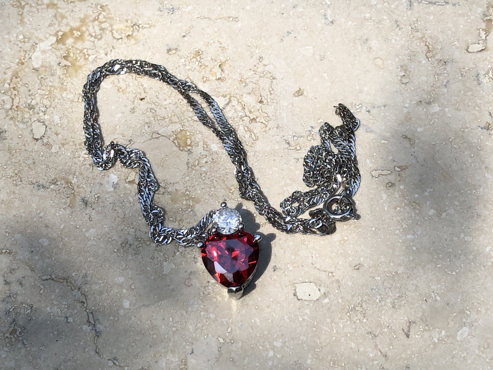 ❤️✨925 STERLING SILVER Red Ruby Garnet Color HEART Pendant Necklace TWIST CHAIN