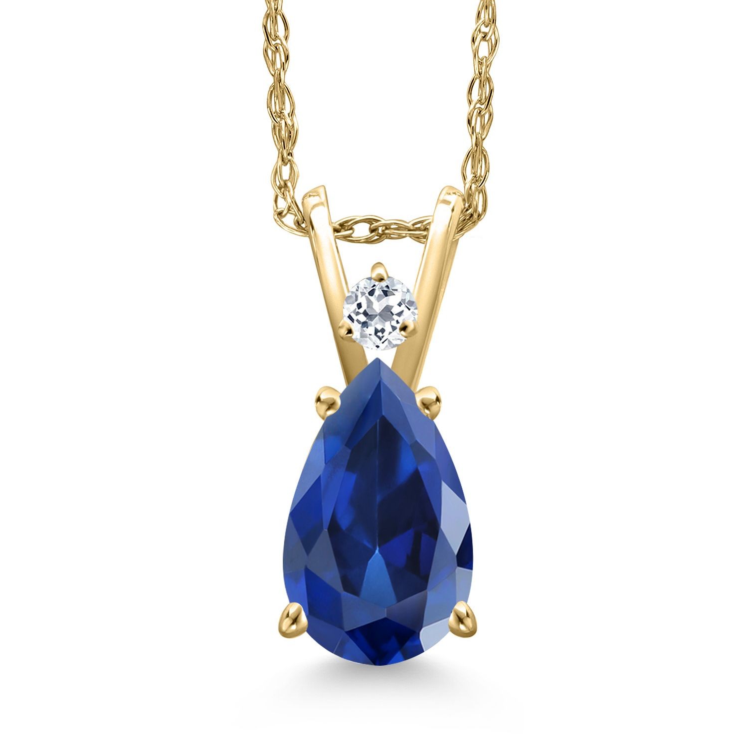 14K Yellow Gold Created Sapphire and White Topaz Pendant Necklace for Women |