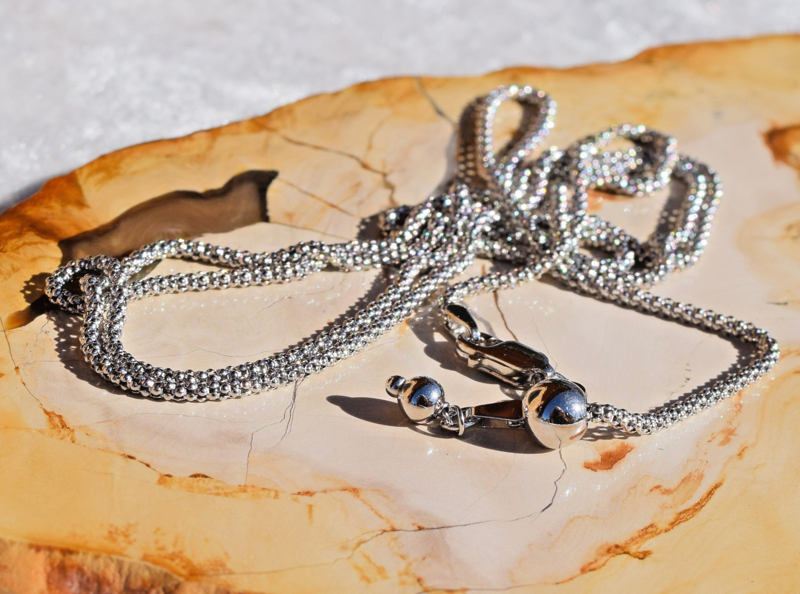 Adjustable Popcorn Plated Platuna Over 925 Sterling Silver 1.7mm Chain Lobster