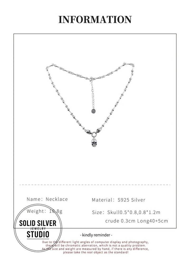 S925 Authentic Sterling Silver Skull&Bone Link Chain Punk Gothic Biker Necklace