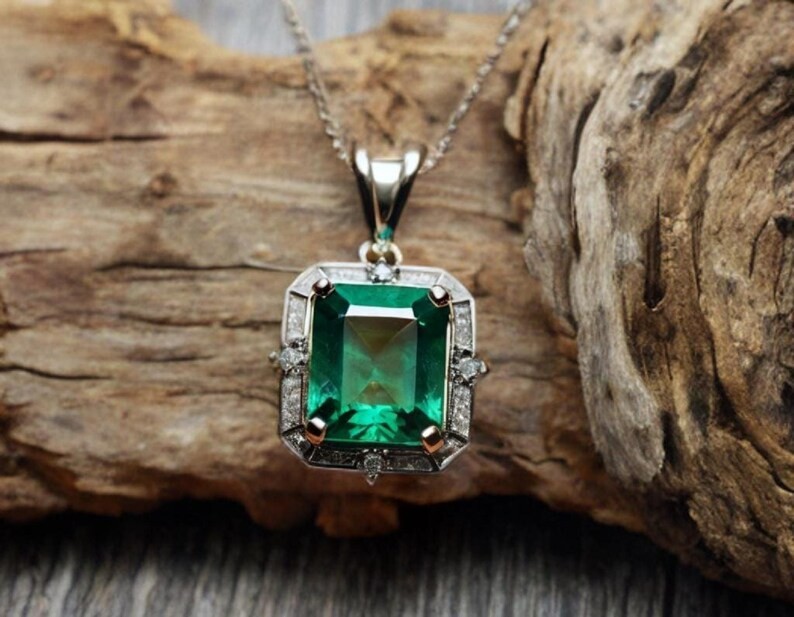 4.80Ct Emerald cut Natural Emerald & Diamond 14K White Gold Luxury Pendant