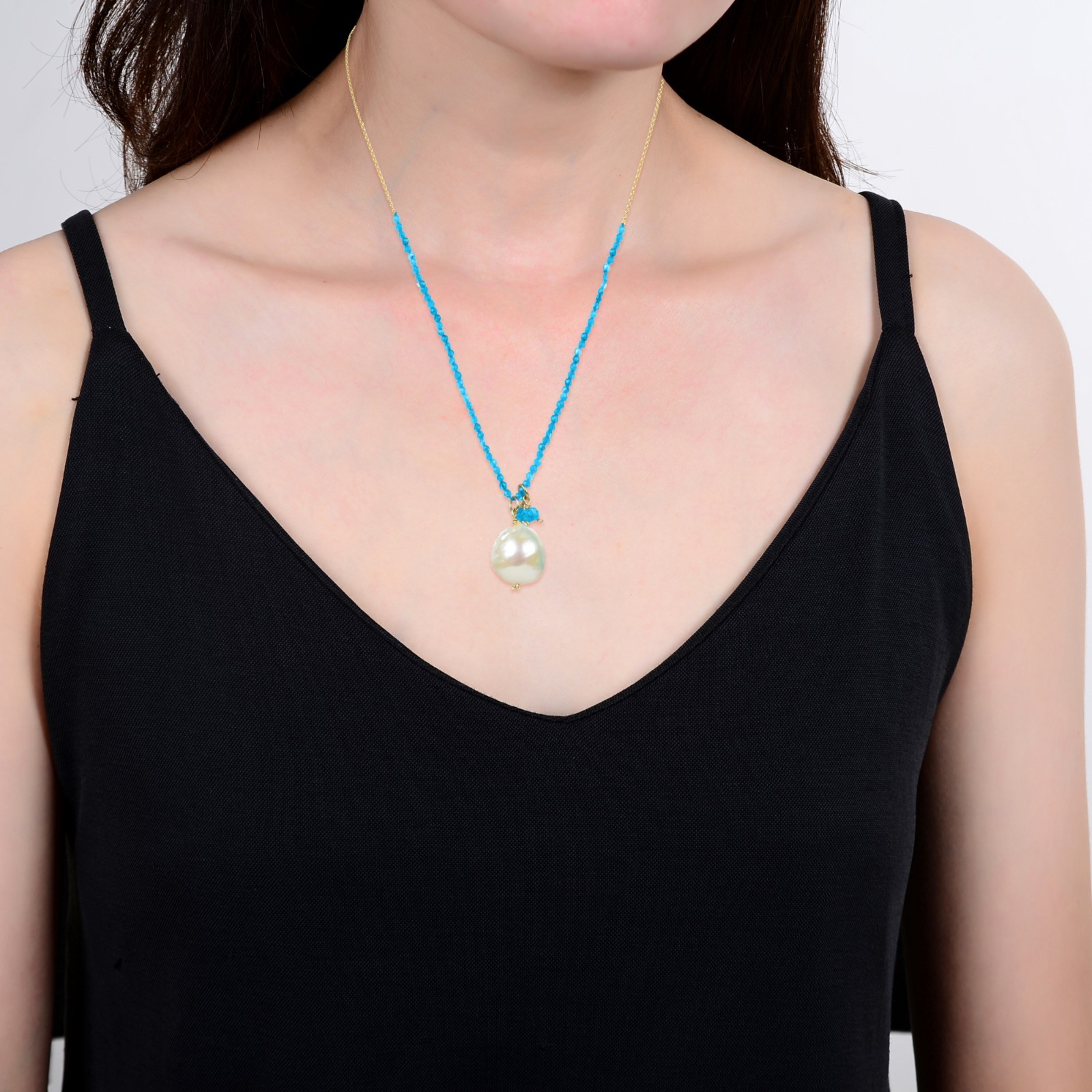 33.50 CTTW Natural Turquoise and Pearl Beaded Necklace 18k Yellow Gold Plated