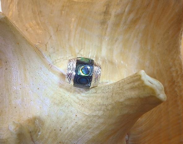 10MM 925 STER SILVER ENGRAVED HAWAIIAN SCROLLS PAUA ABALONE BARREL SLIDE PENDANT