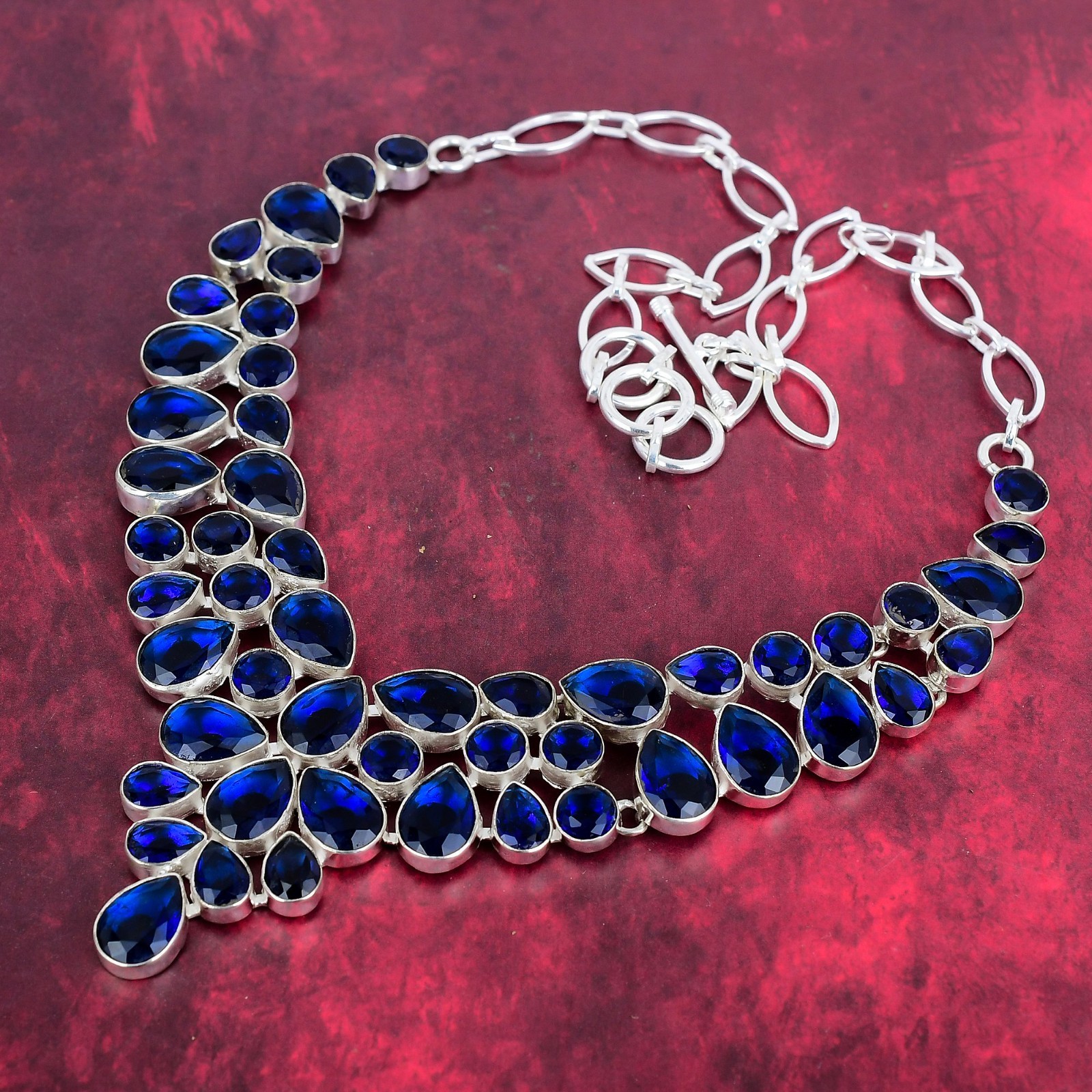 Blue Sapphire Lab-Created Handmade Gemstone 925 Sterling Silver Necklace Jewelry
