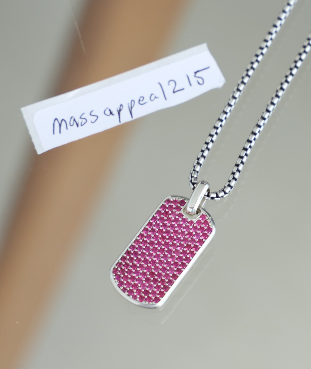 David Yurman Chevron 35mm Sterling Silver & Ruby Pave Dog Tag with Box Chain