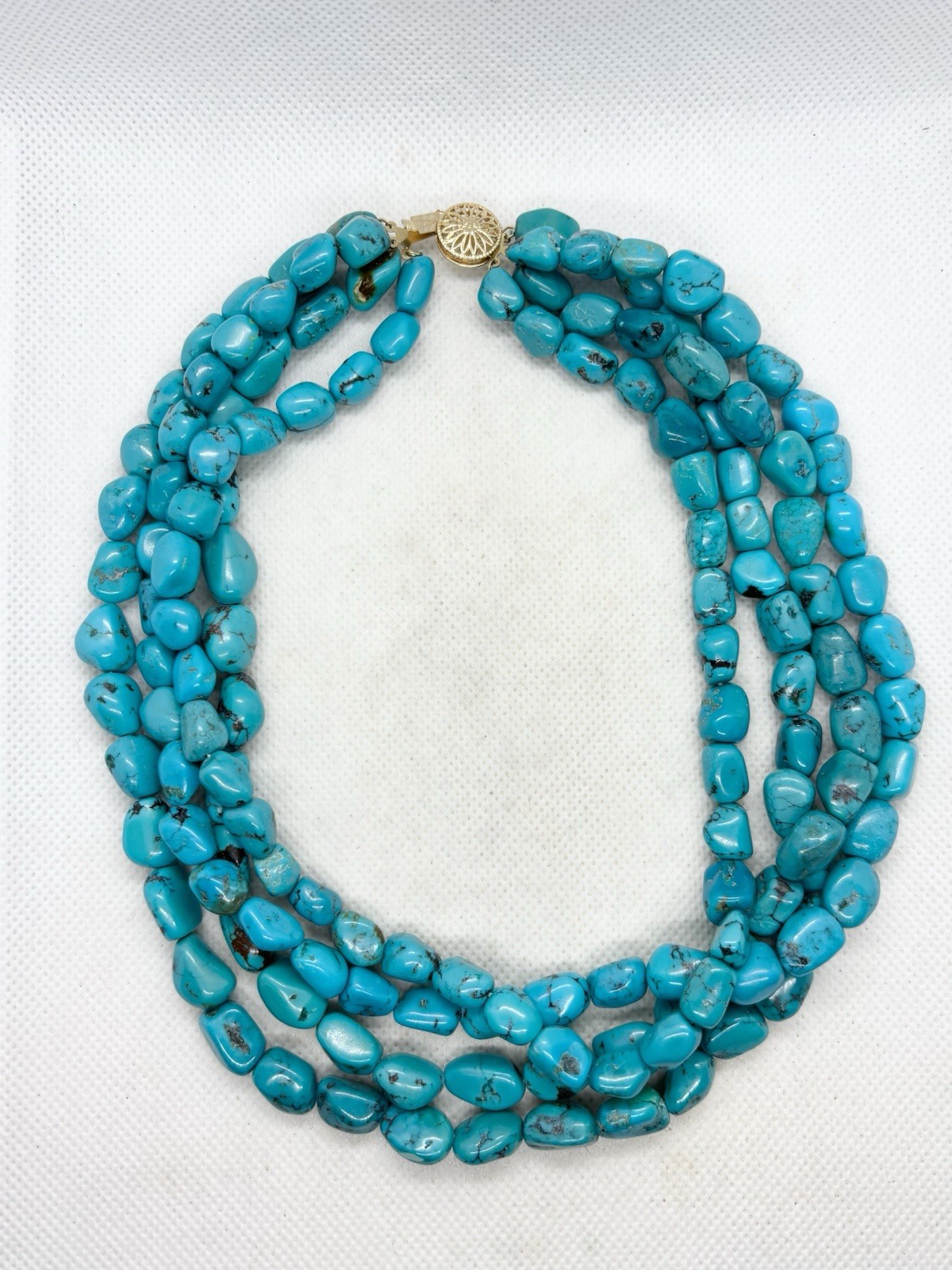 Natural Turquoise Nuggets 14k Yellow Gold Clasp 4 Strands Necklace 15” 156g