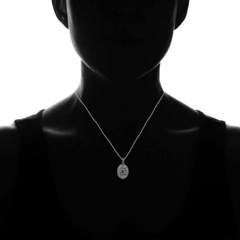 Silver Genuine GARNET Cross Marcasite Locket