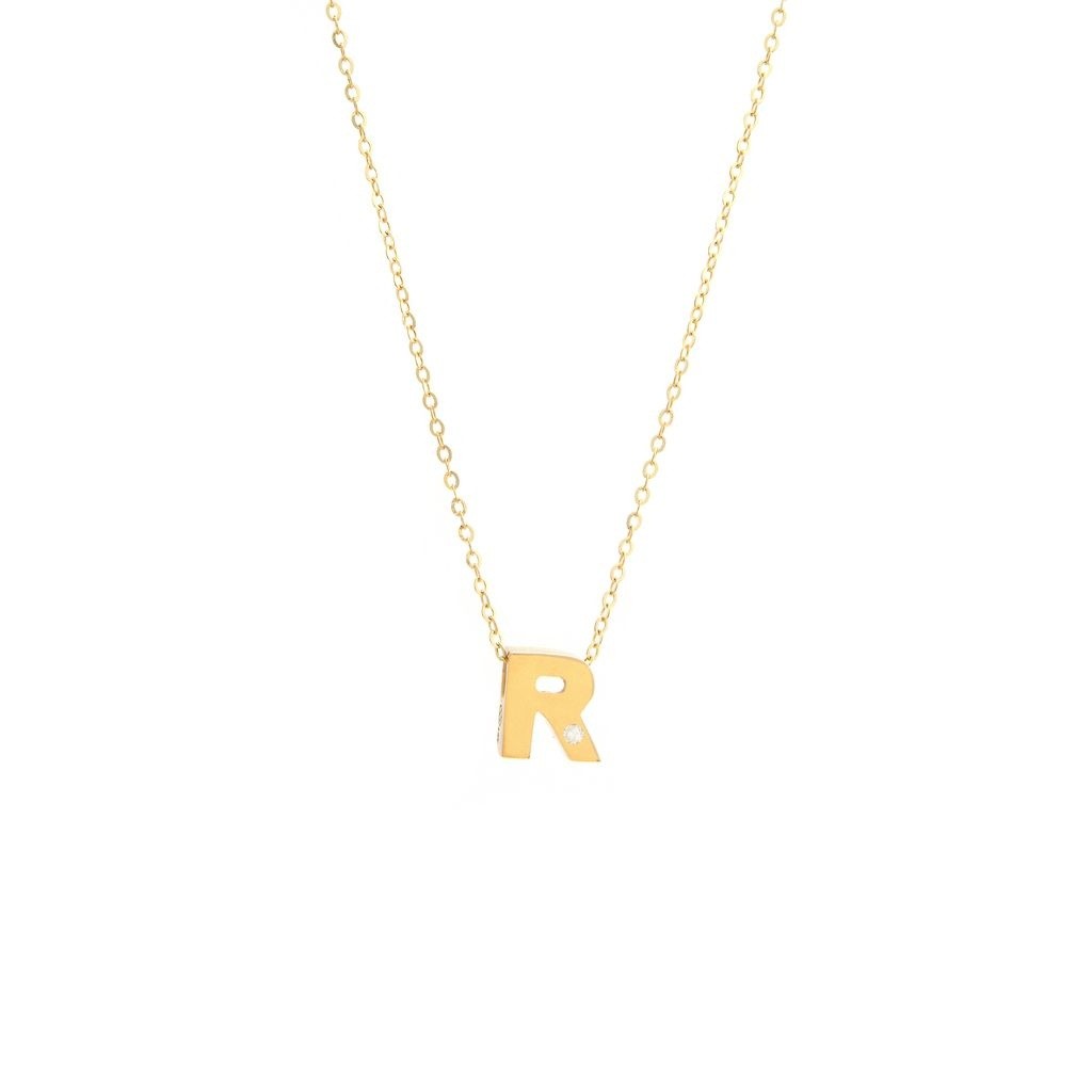 14K Yellow Gold Diamond R Initial Letter Minimalist Necklace 16″-18″