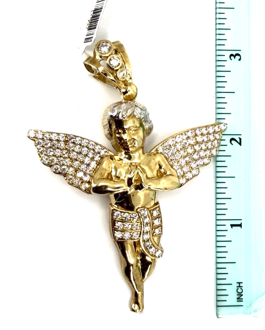 10K Solid Yellow Gold Iced Guardian Praying Angel Pendant CZ Italy