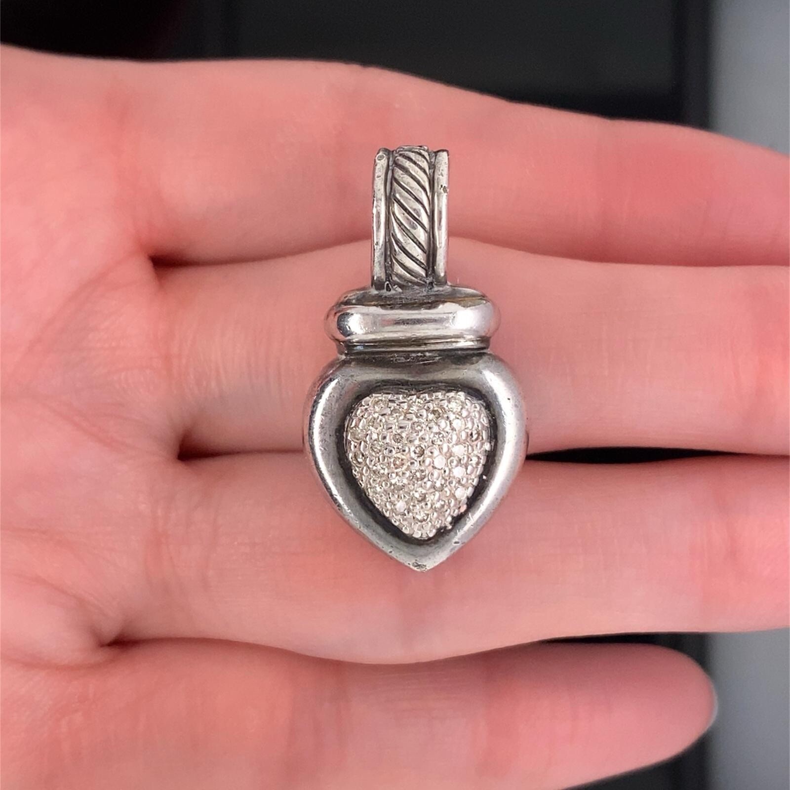 David Yurman Sterling Silver 0.30Ctw Diamonds Heart Slider Pendant $1750 Retail