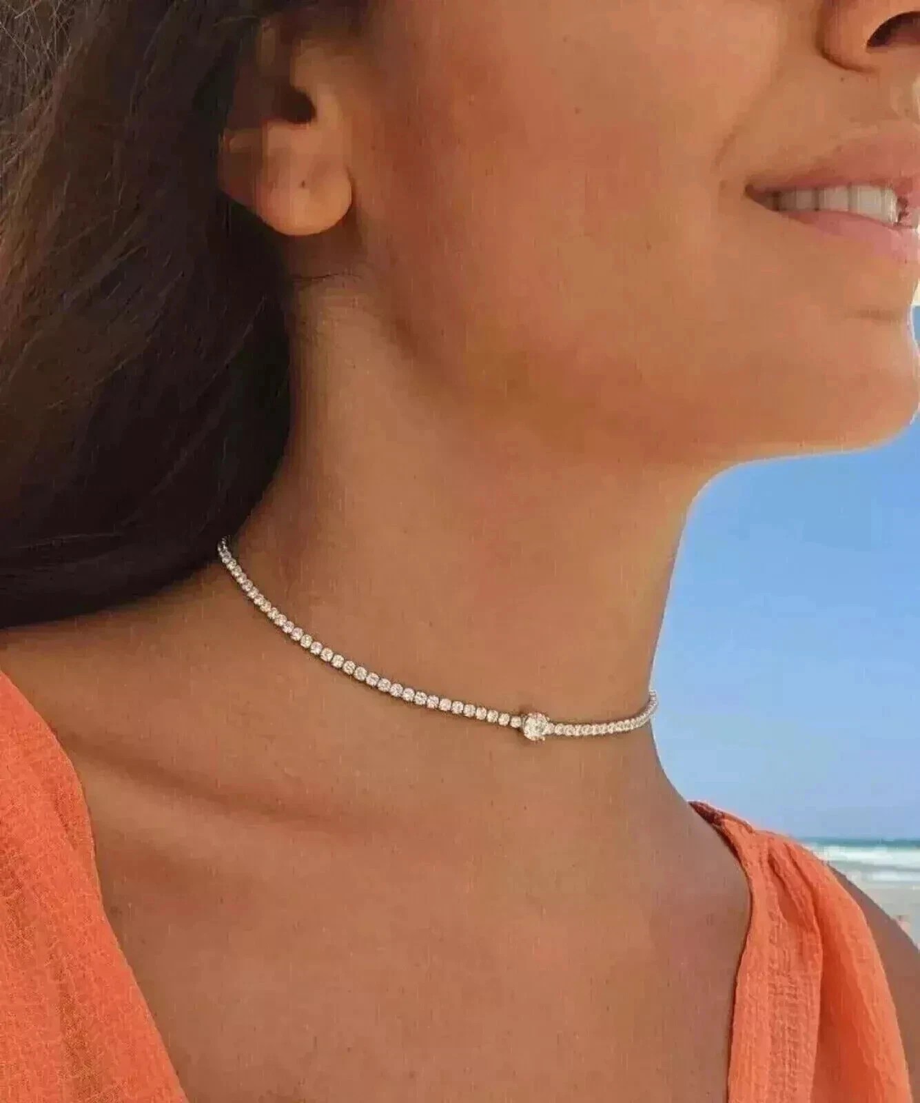 10 ctw Round Cut Created Diamond Women Choker Necklace 14K White Gold Finish 15″
