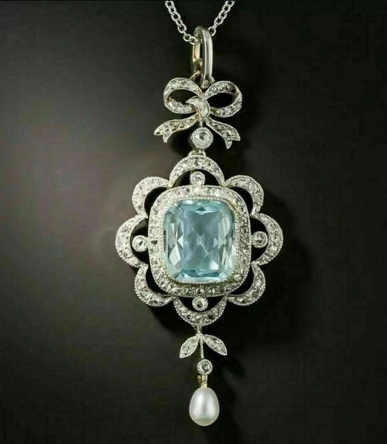 2.40 Ct Cushion Cut Lab Created Aquamarine Halo Pendant 14K White Gold Plated