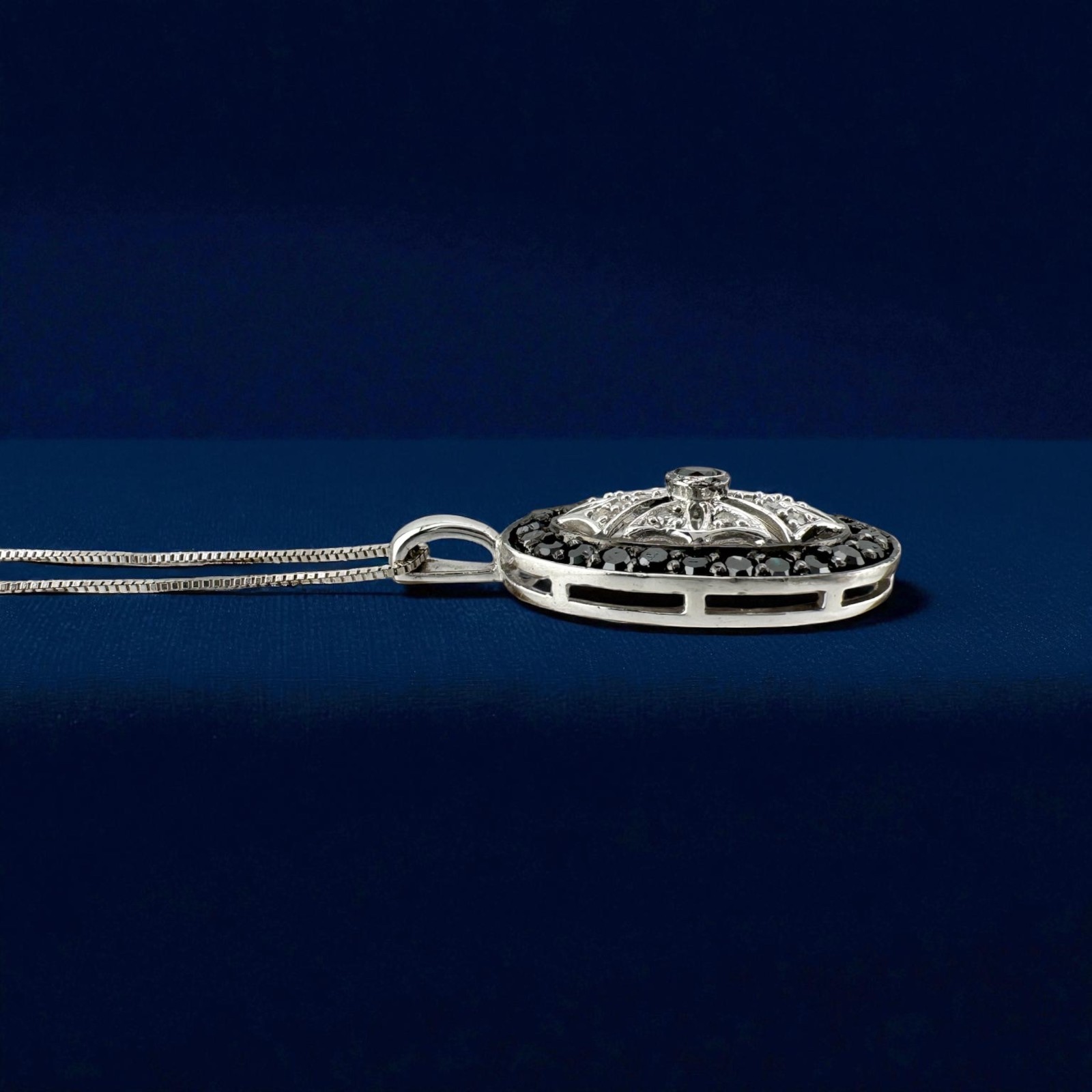 Vintage Inspired 10k White Gold Black Sapphire Diamond Pendant Necklace 18″ 2.1g