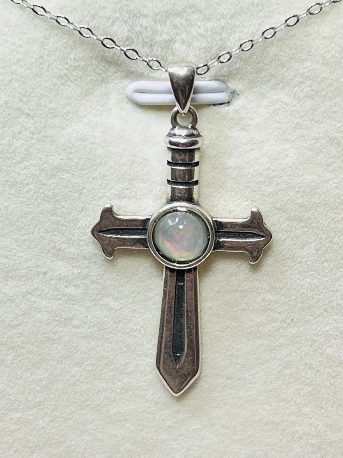 925 Sterling Silver Natural Rainbow Opal Sword Cross Pendant Necklace Unisex Man