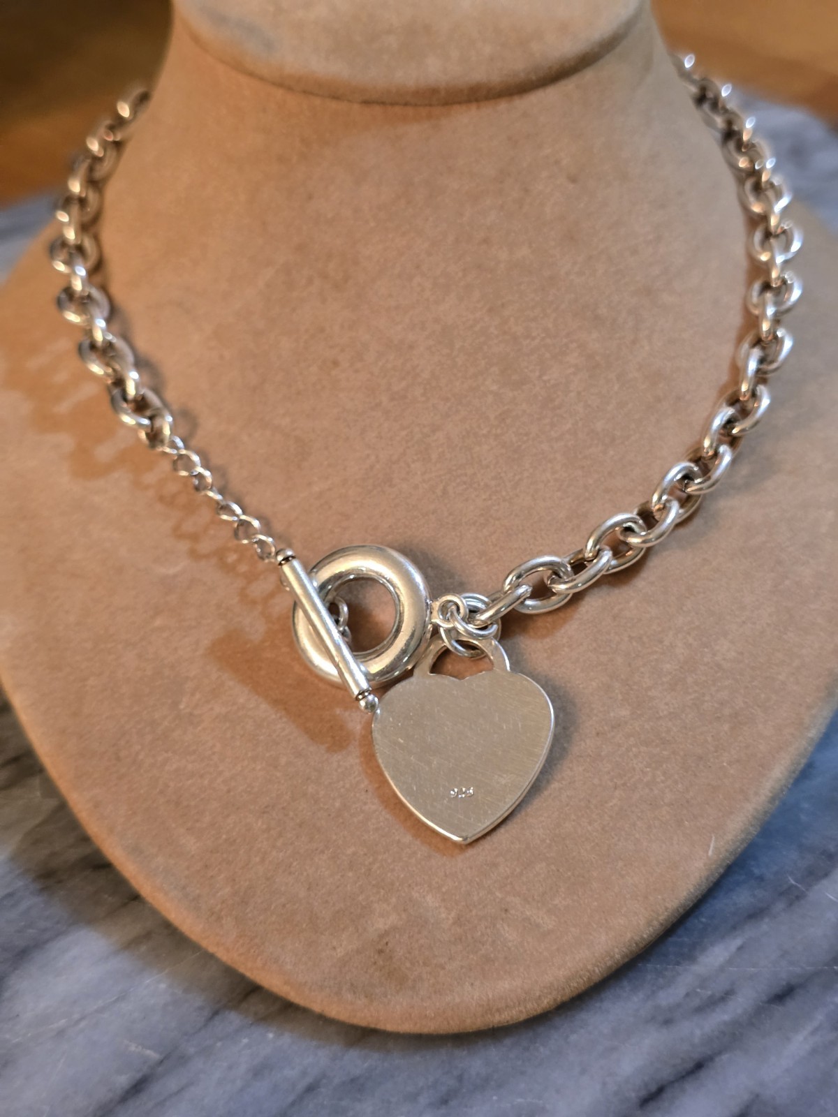Vintage 925 Sterling Silver Heart Tag Toggle Necklace 17” Heavy Chunky Link 45g