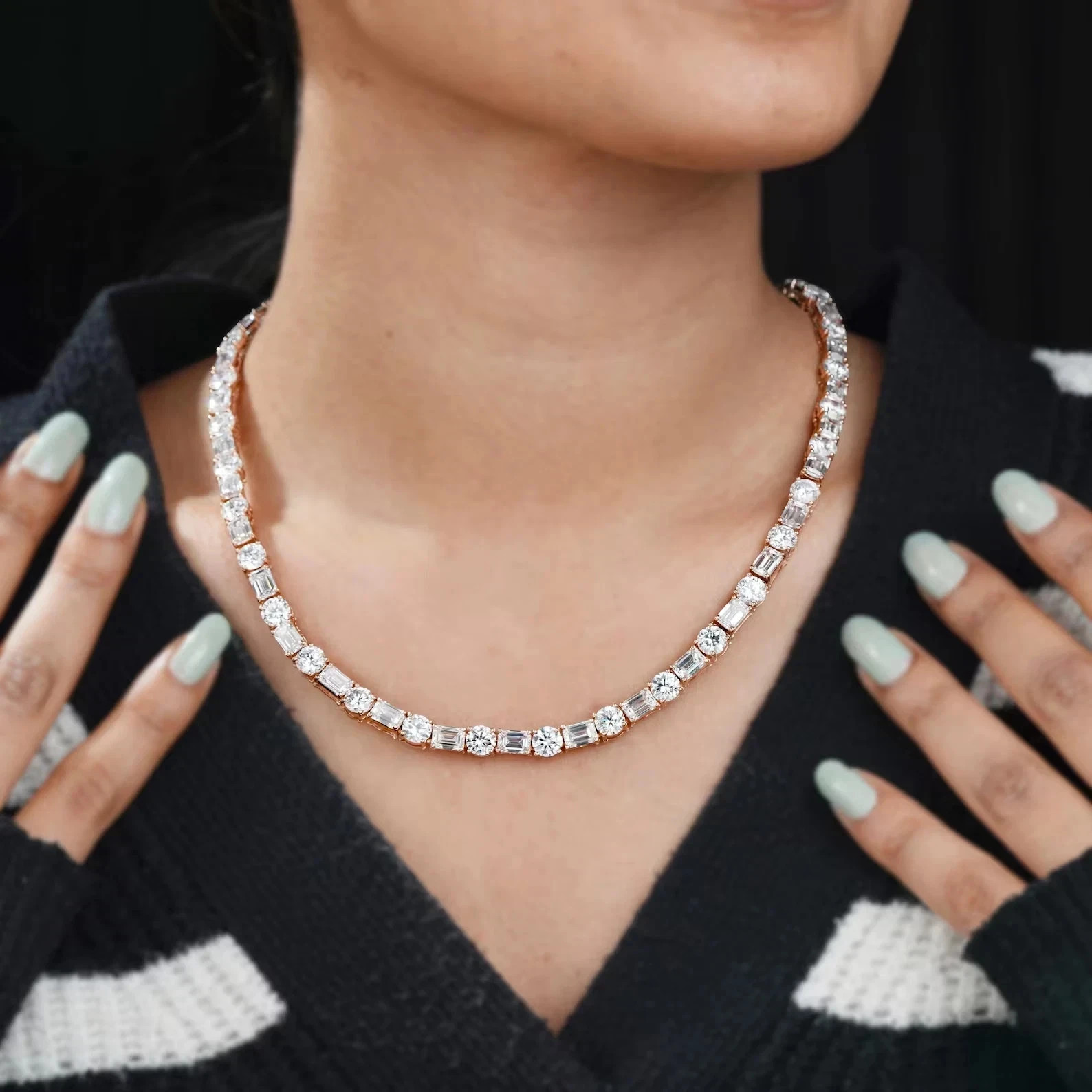 13Ct Round Cut Lab Created Diamond Women’s Tennis Necklace 14K Rose Gold Plated