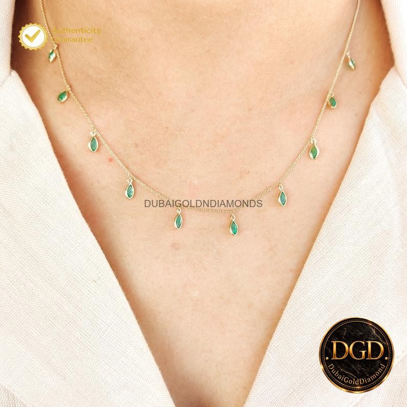 Marquise Emerald Sister Statement Chain May Birthstone Necklace 14K Yellow Gold