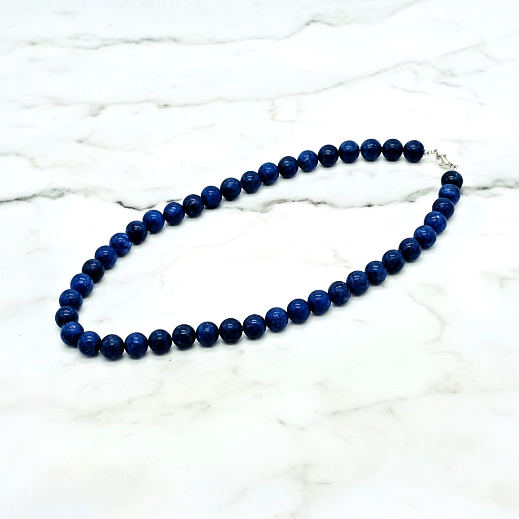 Natural Lapis Lazuli 18″ Beaded Necklace 925 Sterling Silver Lobster Clasp