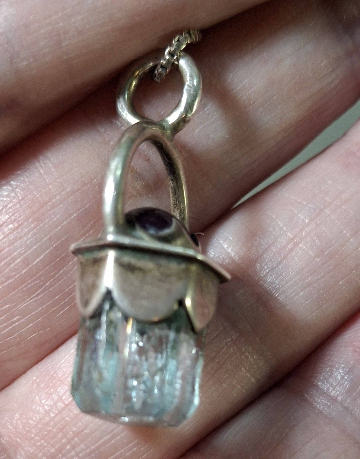 Vintage Sterling Silver Raw Aquamarine Point Amethyst Pendant Necklace 19 inch