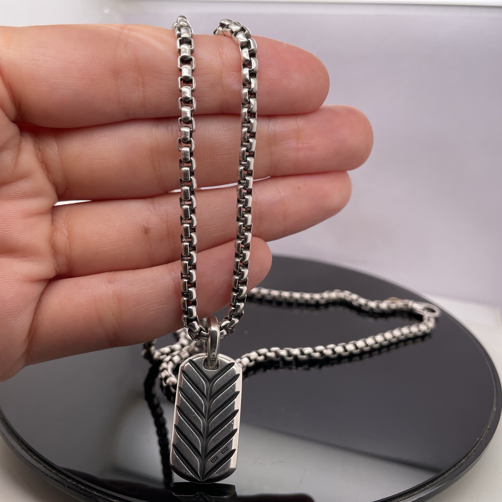 David Yurman Silver Black Diamonds Chevron Tag Pendant Necklace $2600 / 27mm