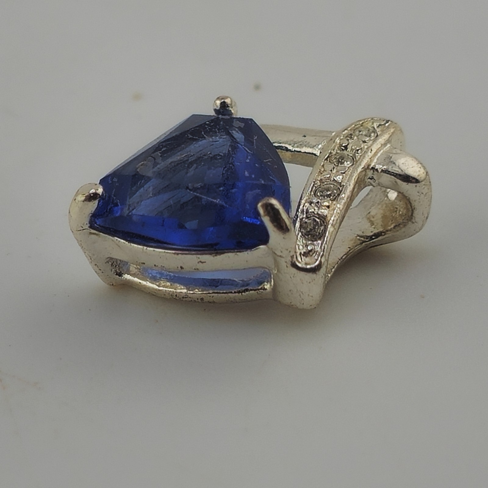 925 Sterling Silver Blue Trillion Pendant with Clear Accent Stones Modern