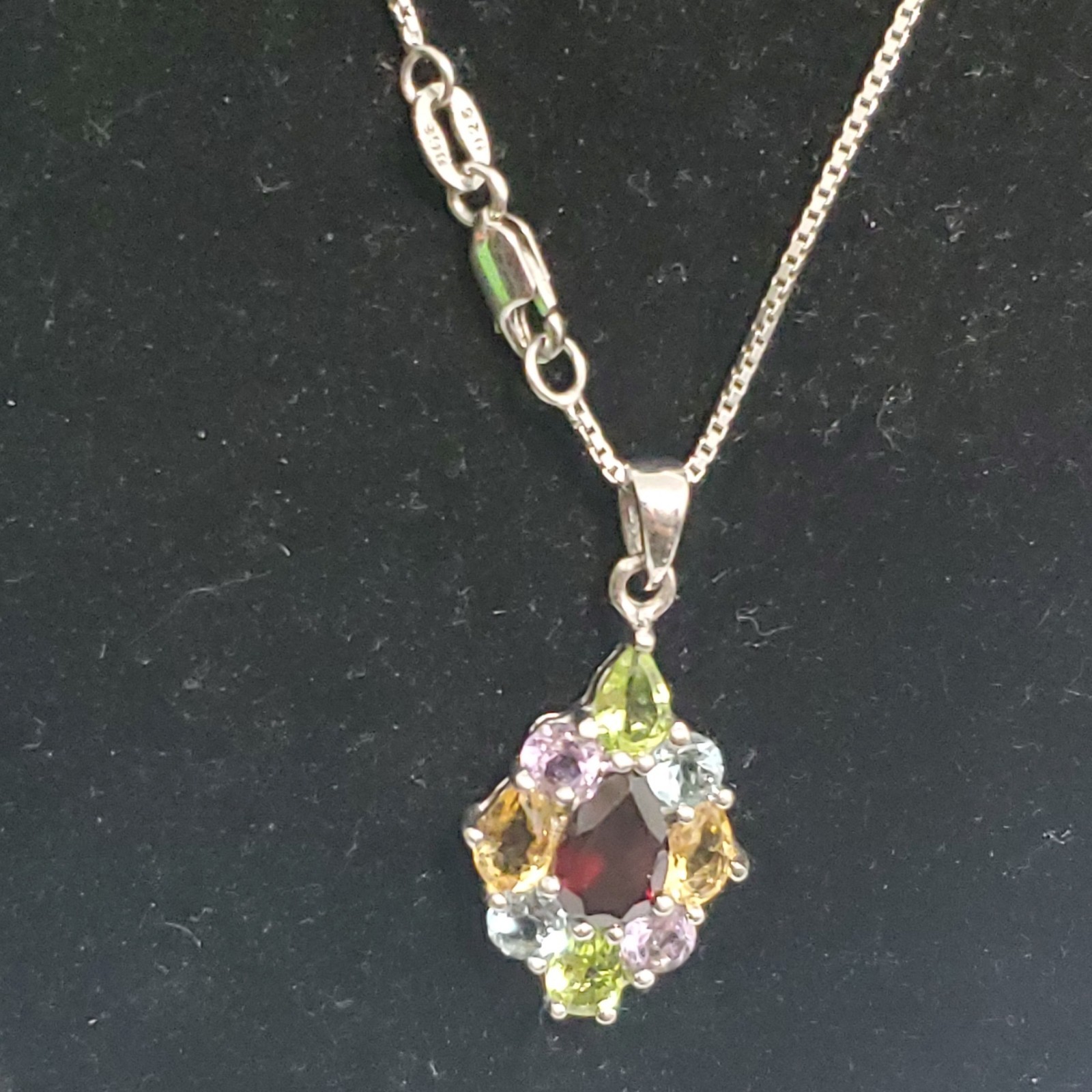 925 Sterling Silver Garnet Multicolor Gemstone Oval Pendant 18″ Box Necklace