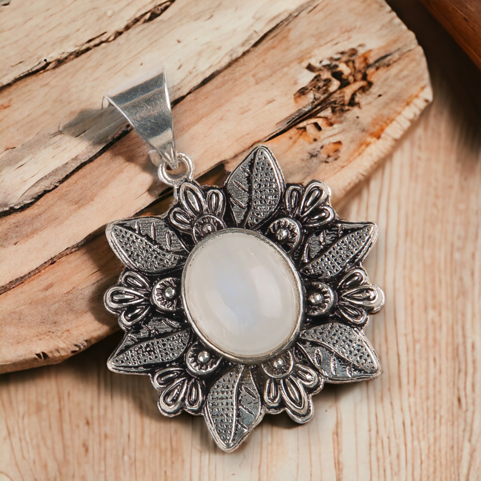 Anniversary Gift For Her Natural Rainbow Moonstone Pendant Vintage 925 Silver
