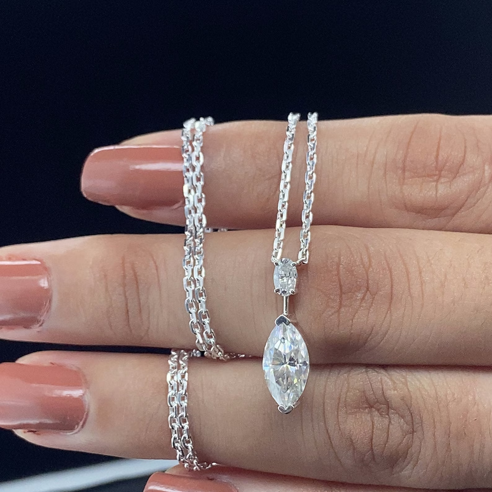 2ct Marquise Cut Moissanite Necklace two stone pendant with cable chain Necklace