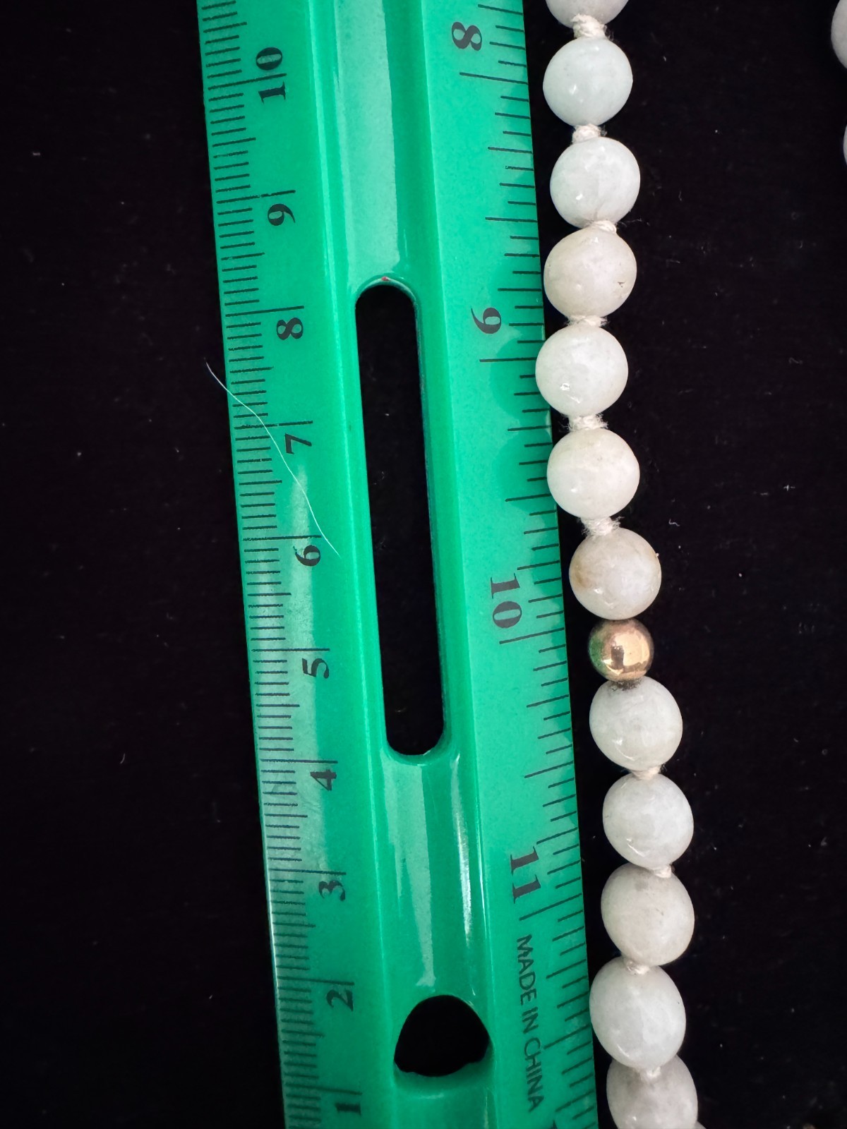 Vintage 33″ White Celadon Jade Bead Necklace 14K Gold Accents Hand Knotted 109g