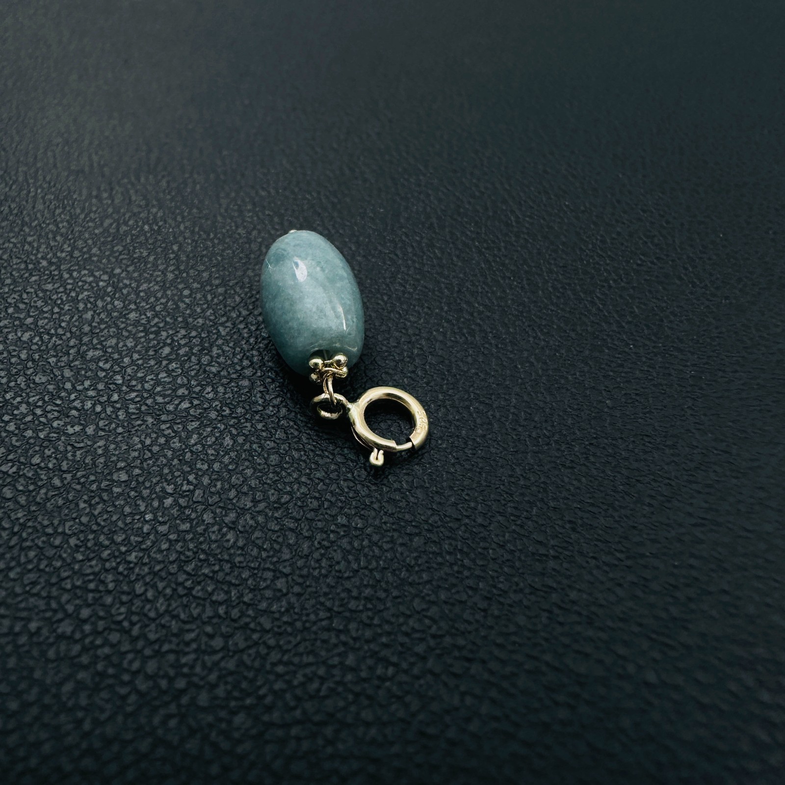 14K Solid Yellow Gold Barrel Blue-Green Jade Small Charm Pendant w/Spring Clasp
