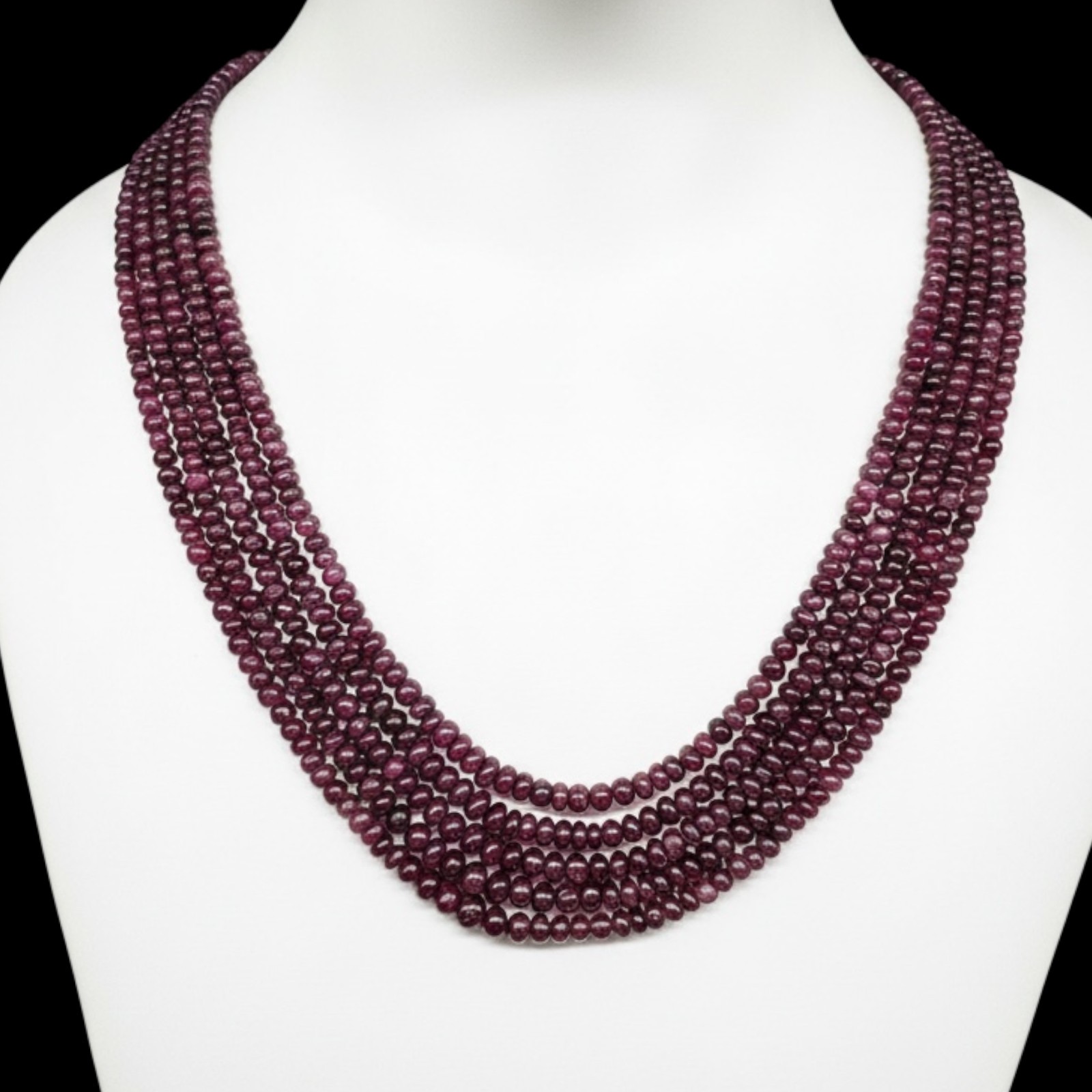 5 Strand Natural Ruby Necklace 3-6mm Plain Cabochon Beads 925 Silver Ruby Clasp