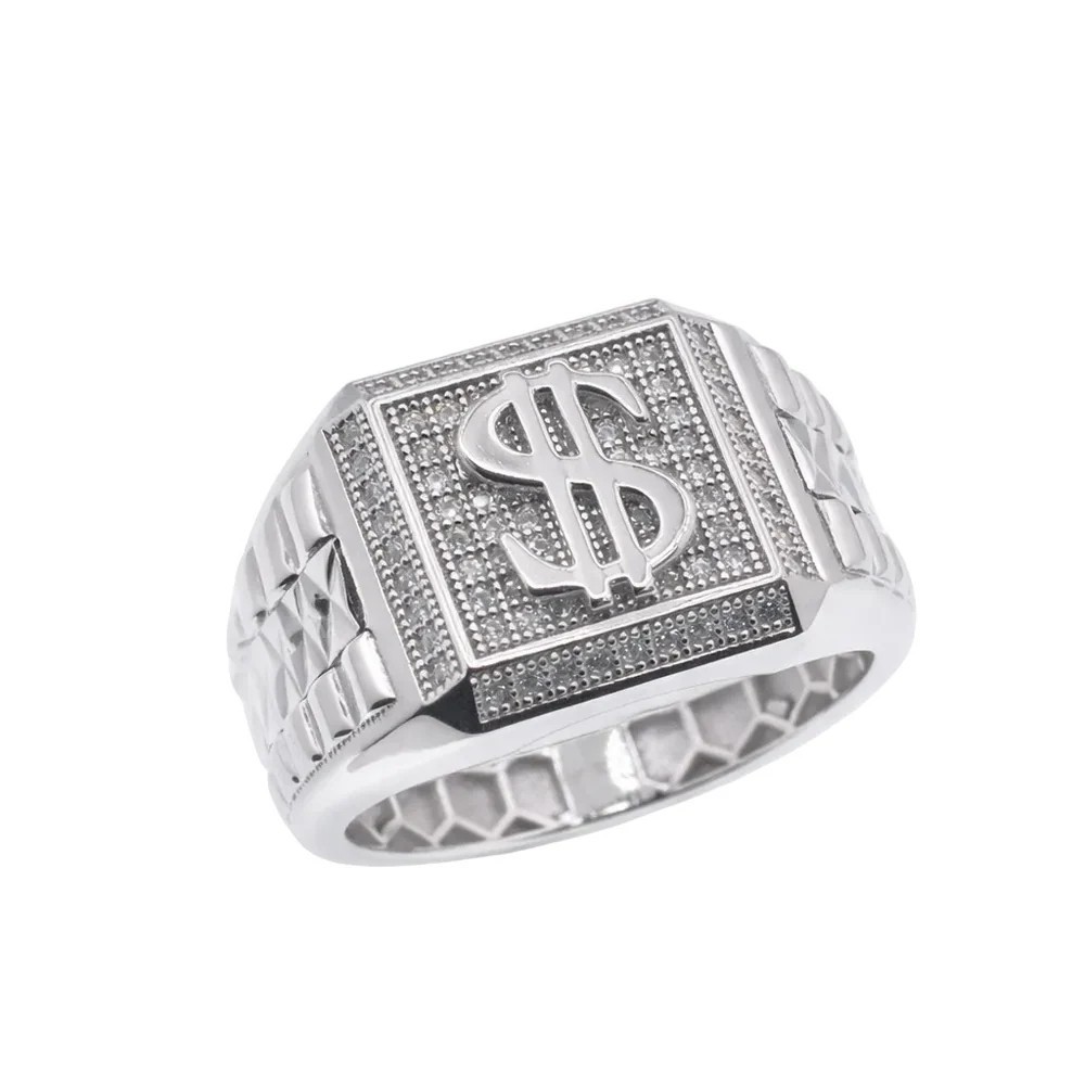 Sterling Silver Rhodium Plated Moissanite Men’s Iced Dollar Sign Statement Ring