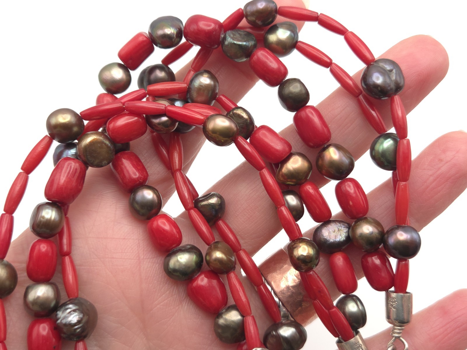 Desert Rose Trading Sterling Silver Black Baroque Pearl Red Coral Necklace