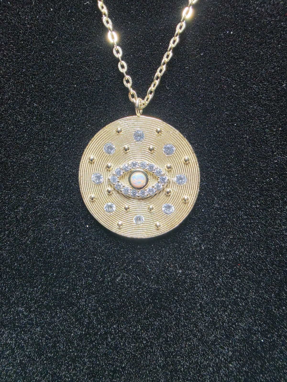 Sterling Silver CZ Gold Vermeil Evil Eye Round Disc Pendant Necklace 18″