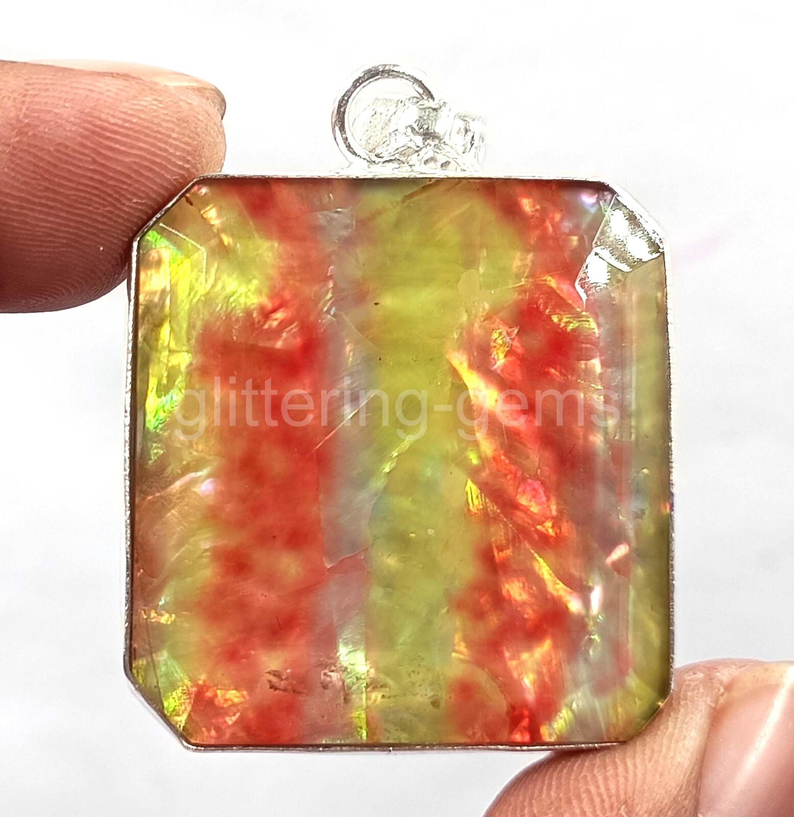 Natural 75 CT Emerald Cut Ammolite 925 Solid Silver Pendant IGL Gemstone 5JSQ