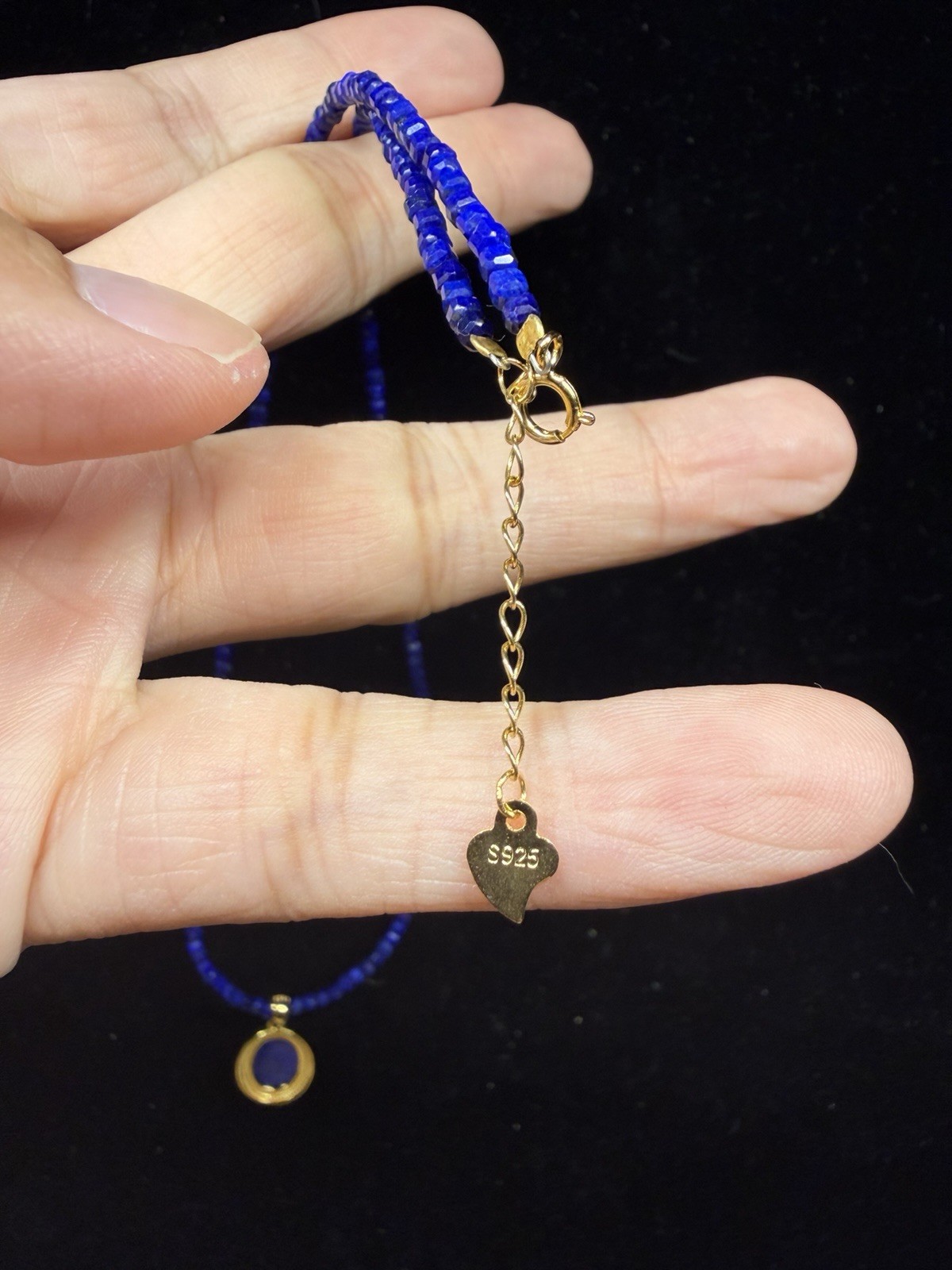 Premium Lapis Lazuli Beaded Necklace Oval Bezel Charm Pendant 925 Sterling