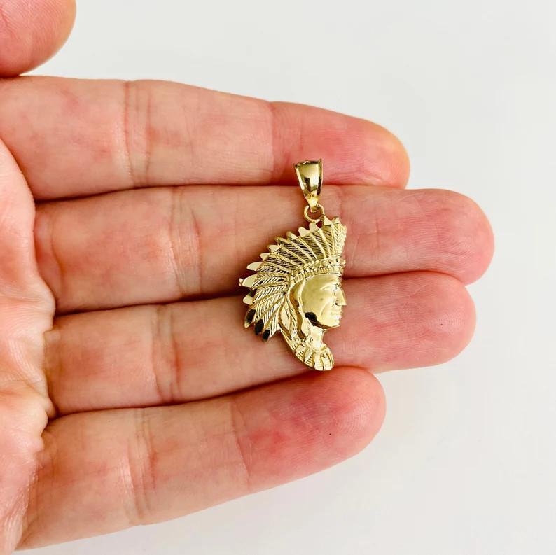 14K Solid Gold Indian Head 1.2″ Pendant, 14K Gold Chief Face Head Charm- PT1609